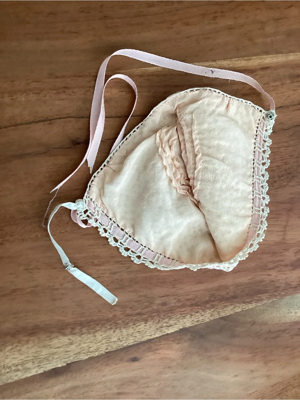 Vintage 1940s infant baby bonnet with delicate hand—crocheted cream color